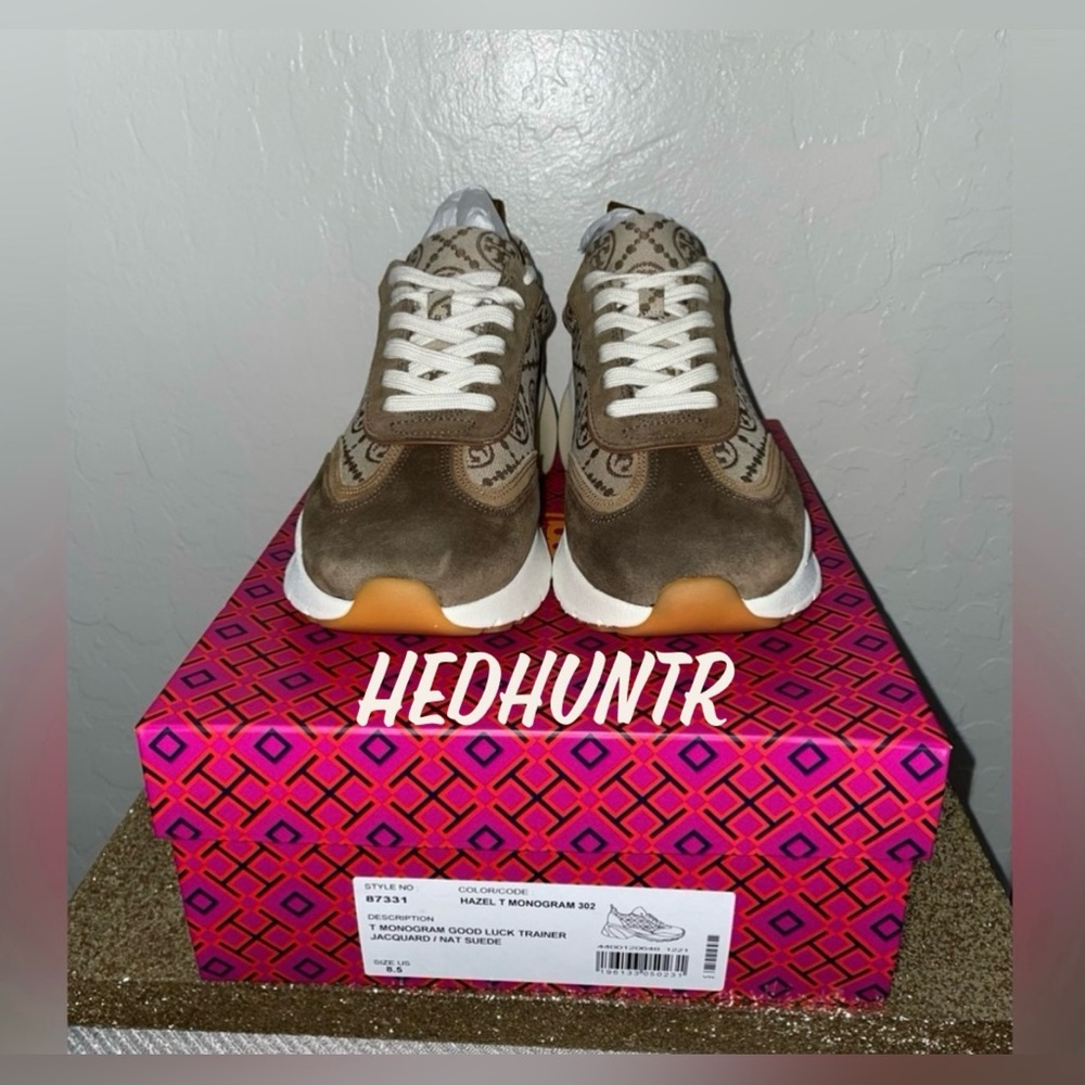 🎉HP🎉New! Tory Burch Good Luck Monogram Suede Sneakers- Hazel Size 8.5M👟 - Picture 3 of 9